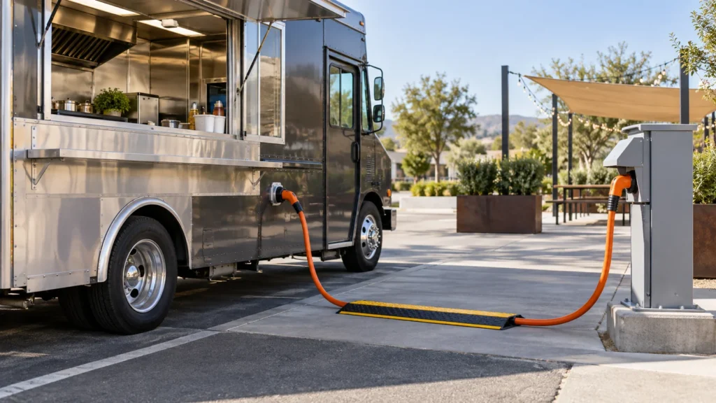 Food truck conectado a una fuente eléctrica externa mediante un cable protegido
