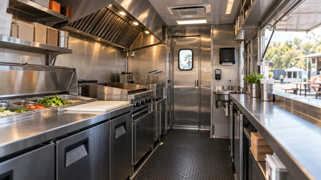 Interior organizado de un food truck con refrigeración, preparación, cocción y lavado