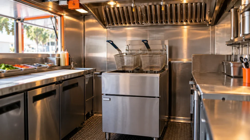 Freidora comercial de piso instalada bajo una campana en un food truck