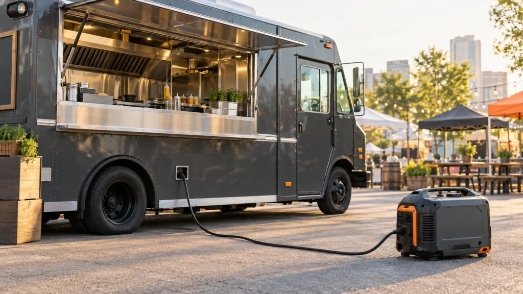 Generador portátil conectado a un food truck en un espacio exterior