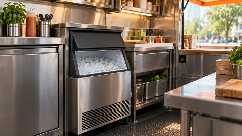 Máquina comercial de hielo con depósito abierto dentro de un food truck
