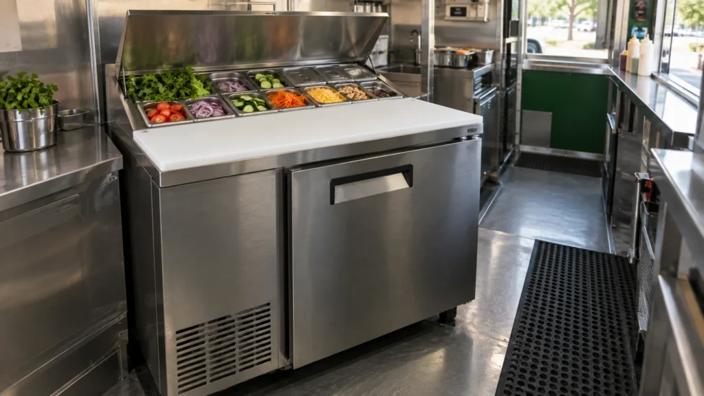 Mesa refrigerada de preparación con recipientes de ingredientes dentro de un food truck