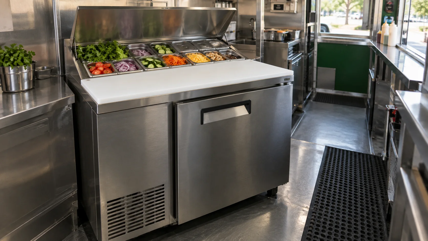 Mesa refrigerada de preparación con recipientes de ingredientes dentro de un food truck