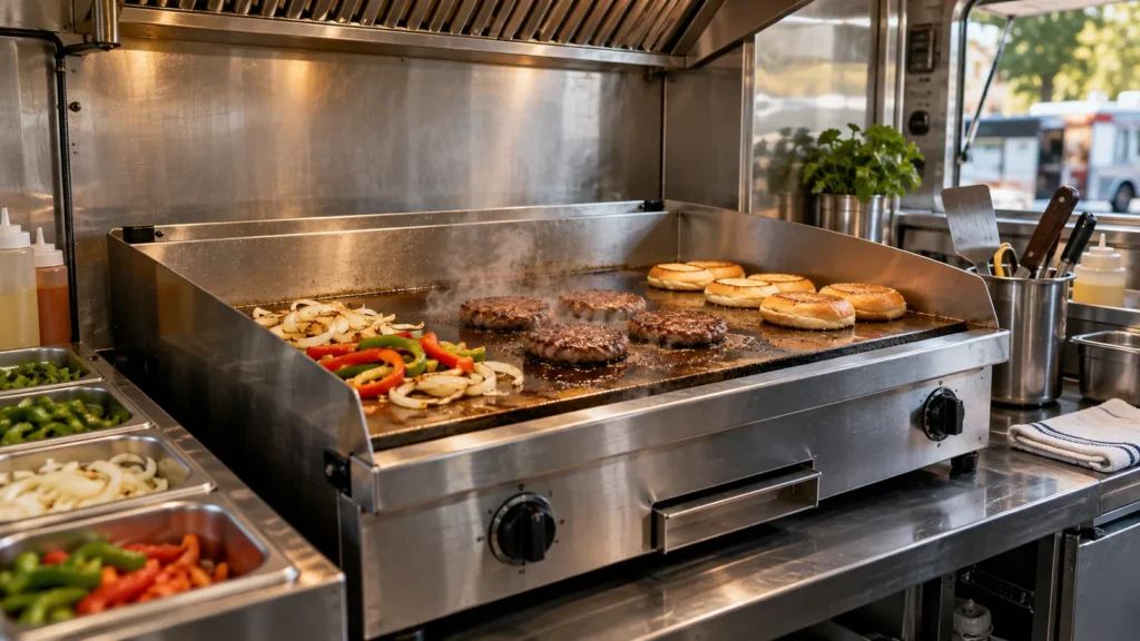 Plancha comercial preparando hamburguesas y vegetales dentro de un food truck