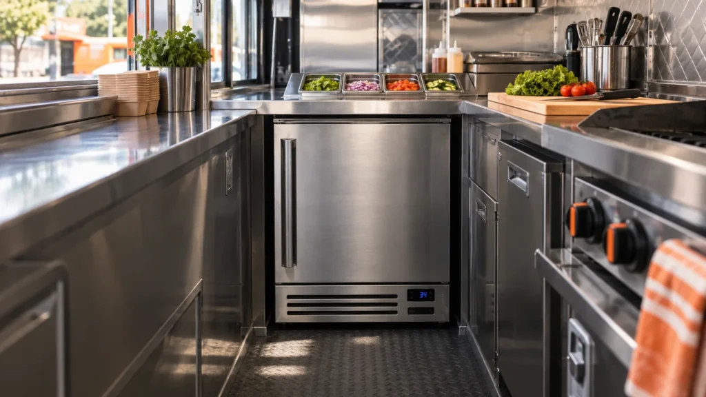 Refrigerador comercial bajo mostrador instalado en una cocina de food truck